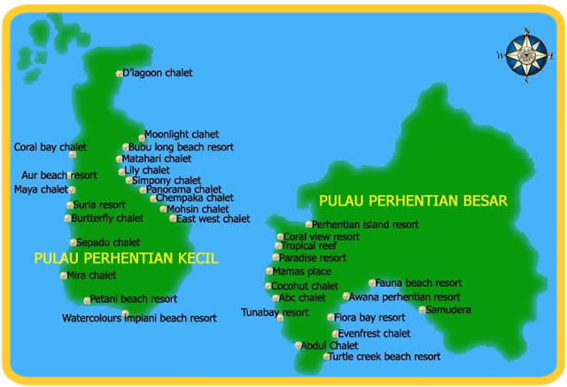 Pulau Perhentian Besar, Pulau Perhentian Kecil, Mama's Chalet, Mama's Place, Perhentian Island Resort, Coral View Resort, Tropical reef, Paradise Resort, Cocohut Chalet, ABC Chalet, Tunabay Resort, Fauna Beach Resort, Awana Perhentian Resort, Samudera, Flora Bay Resort, Evenfrest Chalet, Abdul Chalet, Turtle Creek Beach Resort, D'lagoon Chalet, Moonlight Chalet, Bubu Long Beach Resort, Matahari Chalet, Lily Chalet, Simphony Chalet, Panorama Chalet, Chempaka Chalet, Mohsin Chalet, East West Chalet, Coral Bay Chalet, Aur Beach Resort, Maya Chalet, Suria Resort, Butterfly Chalet, Sepadu Chalet, Mira Chalet, Petani Beach Resort, Watercolours Impiani Beach Resort